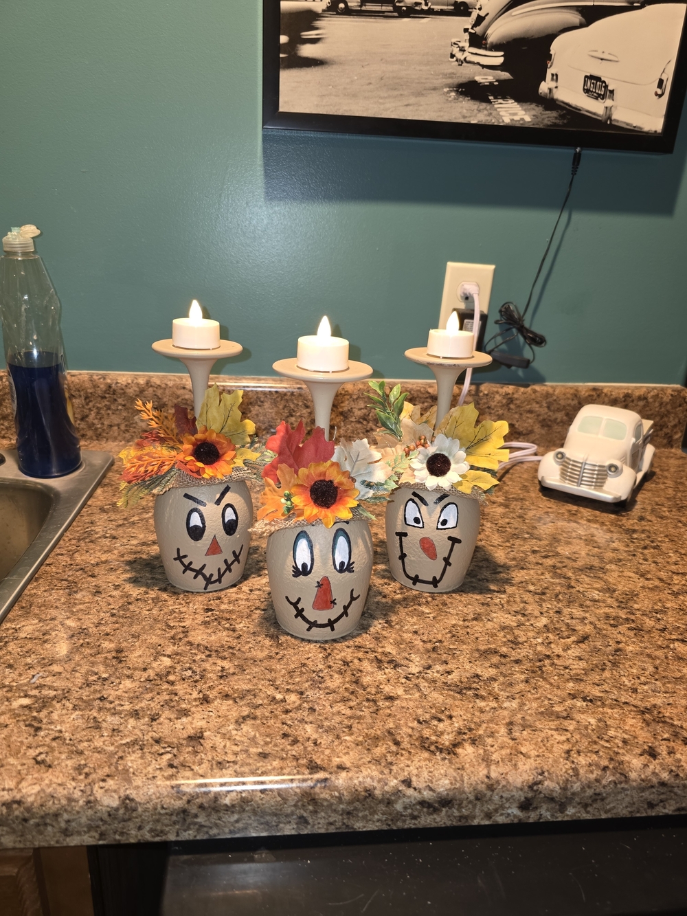 Autumn Harvest Scarecrow Candle Holders with Floral Accents - Cream